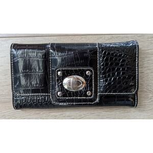 Jeun Bang Croc Embossed Wallet Black Glossy TriFold Checkbook Organizer NEW